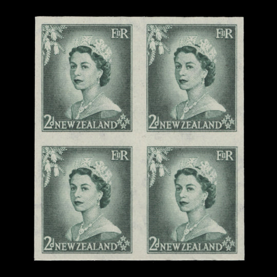 New Zealand 1954 (Variety) 2d Queen Elizabeth II imperf proof block