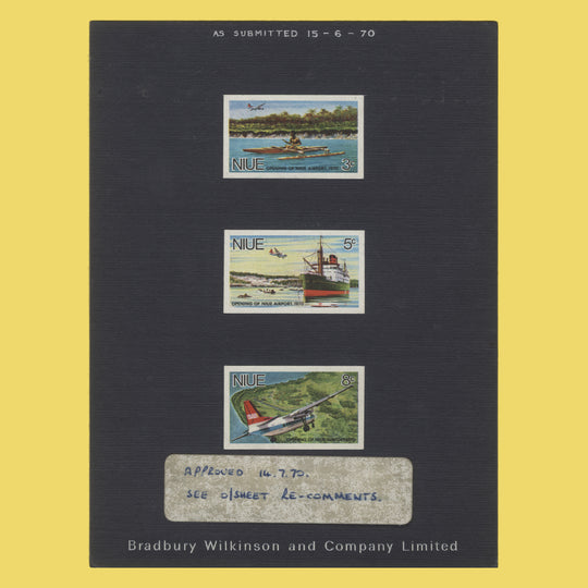 Niue 1970 Airport Opening imperf proofs on presentation card