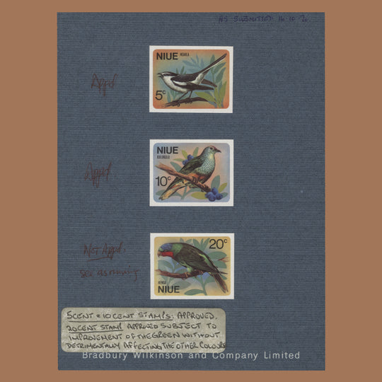 Niue 1971 Birds imperf proofs on presentation card