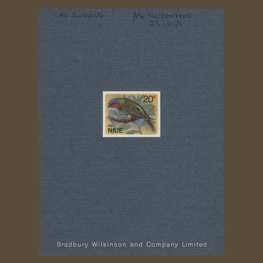 Niue 1971 Blue-Crowned Lorikeet imperf proof on presentation card