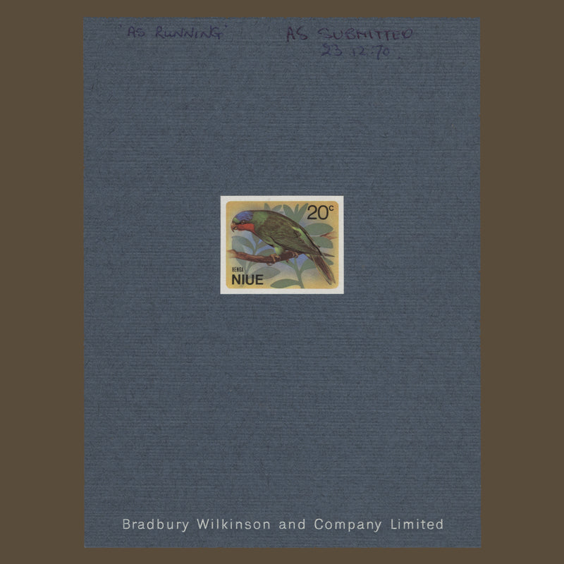 Niue 1971 Blue-Crowned Lorikeet imperf proof on presentation card