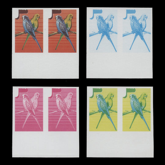 Niue 1986 Budgerigars/Stamp Exhibition, London progressive proof pairs