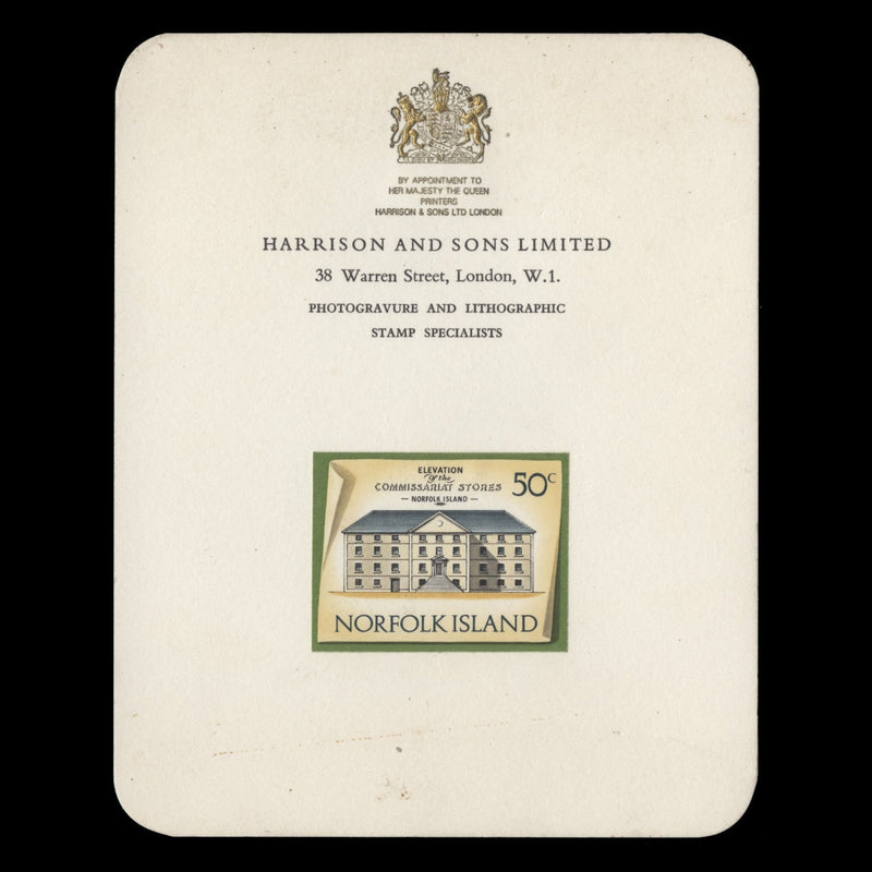 Norfolk Island 1973 Commissariat Stores imperf proof on presentation card