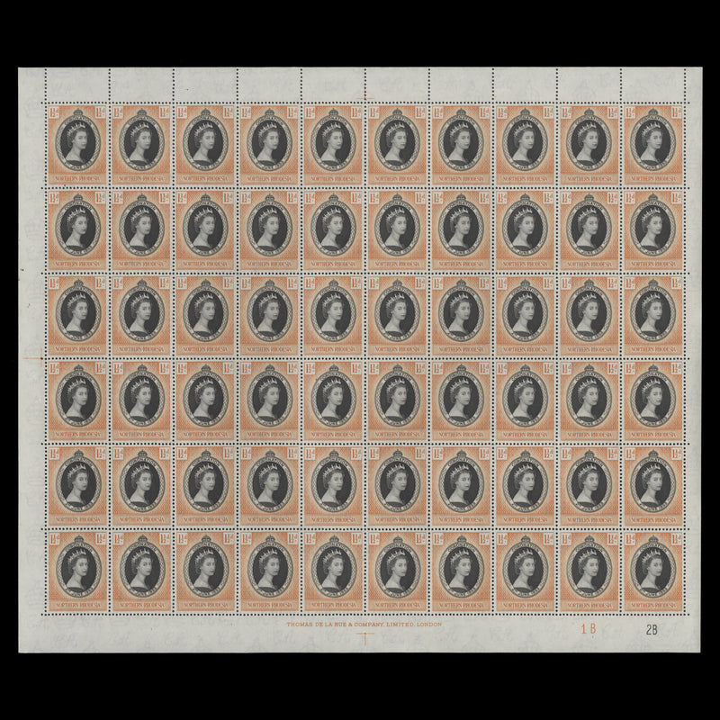 Northern Rhodesia 1953 (MNH) 1½d Coronation 1B–2B pane of 60 stamps