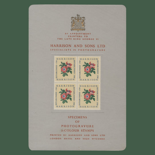 Omnibus 1954 Specimens of Photogravure 3-Colour Stamps presentation card