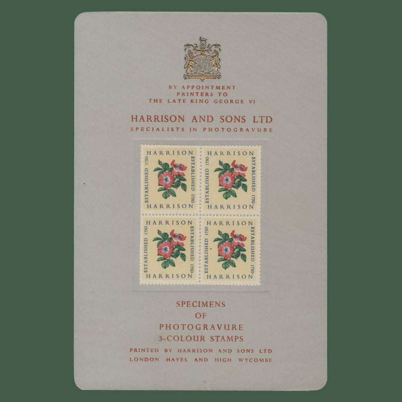 Omnibus 1954 Specimens of Photogravure 3-Colour Stamps presentation card