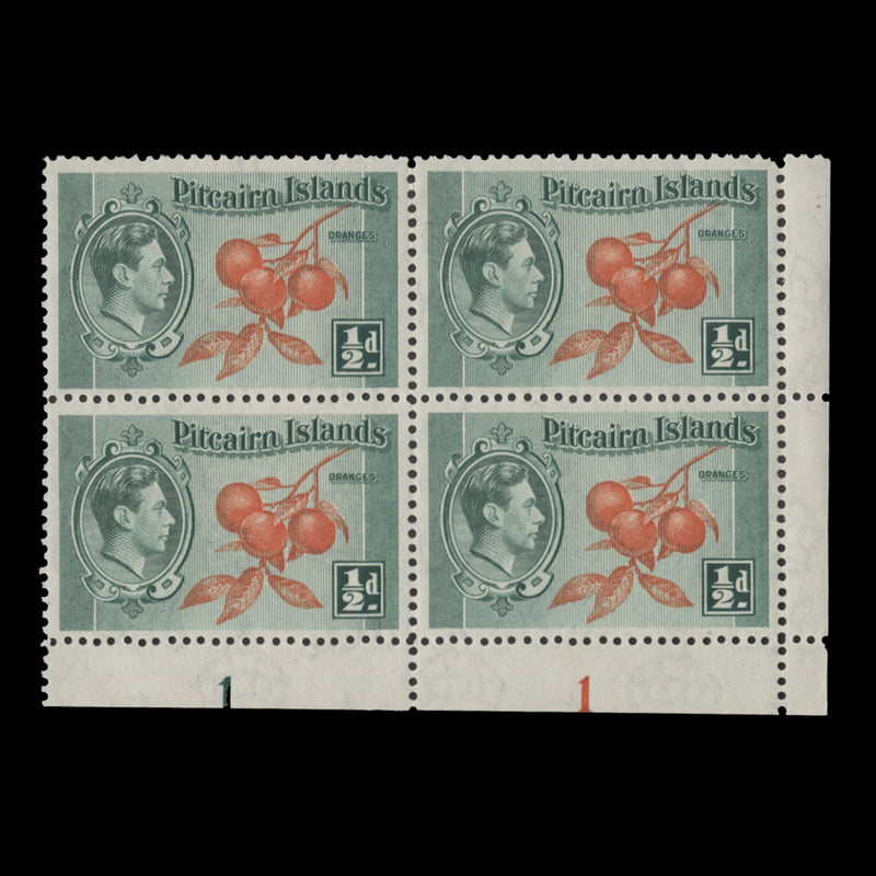Pitcairn Islands 1940 (MNH) ½d Oranges plate 1–1 block