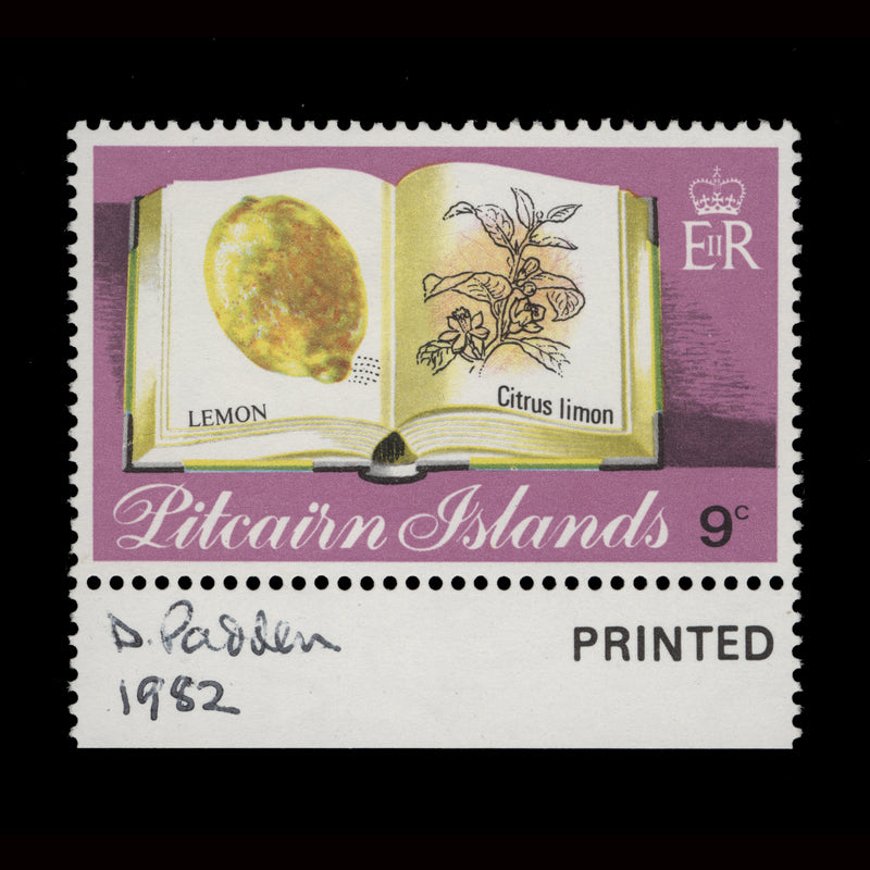 Pitcairn Islands 1982 (MNH) 9c Lemon signed by designer Daphne Padden