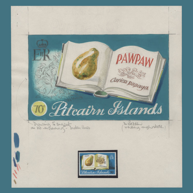 Pitcairn Islands 1982 Paw Paw pencil and watercolour essay by Daphne Padden