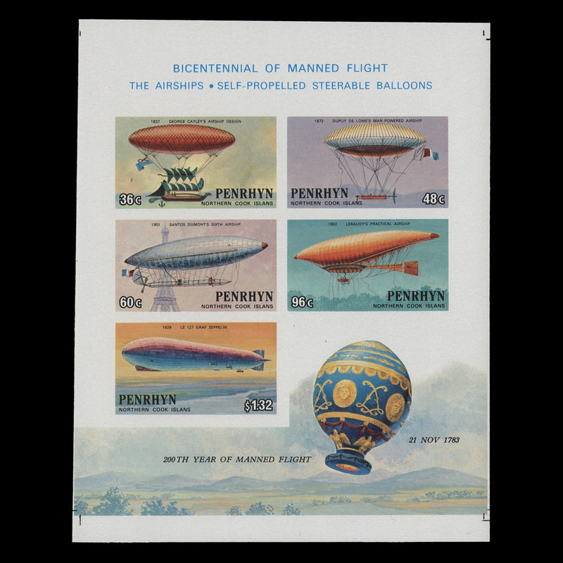 Penrhyn 1983 Manned Flight Bicentenary imperf proof miniature sheet
