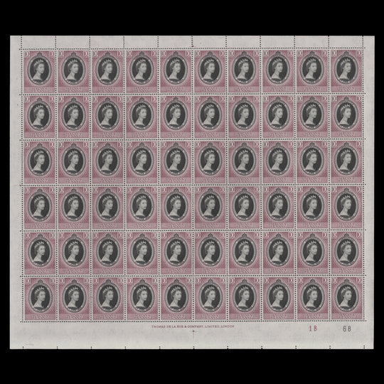 Penang 1953 (MNH) 10c Coronation plate 1B–6B pane of 60 stamps