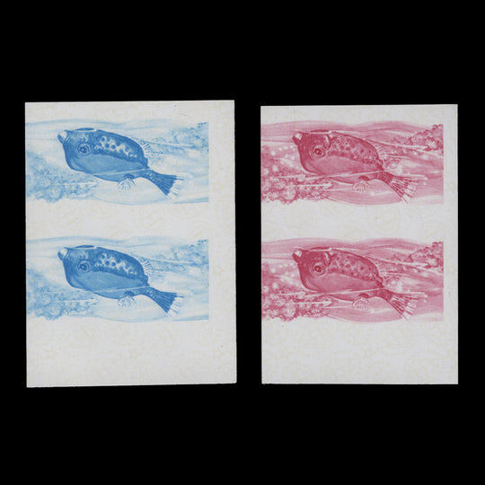 Penrhyn 1974 Boxfish imperf proof pairs in cyan and magenta