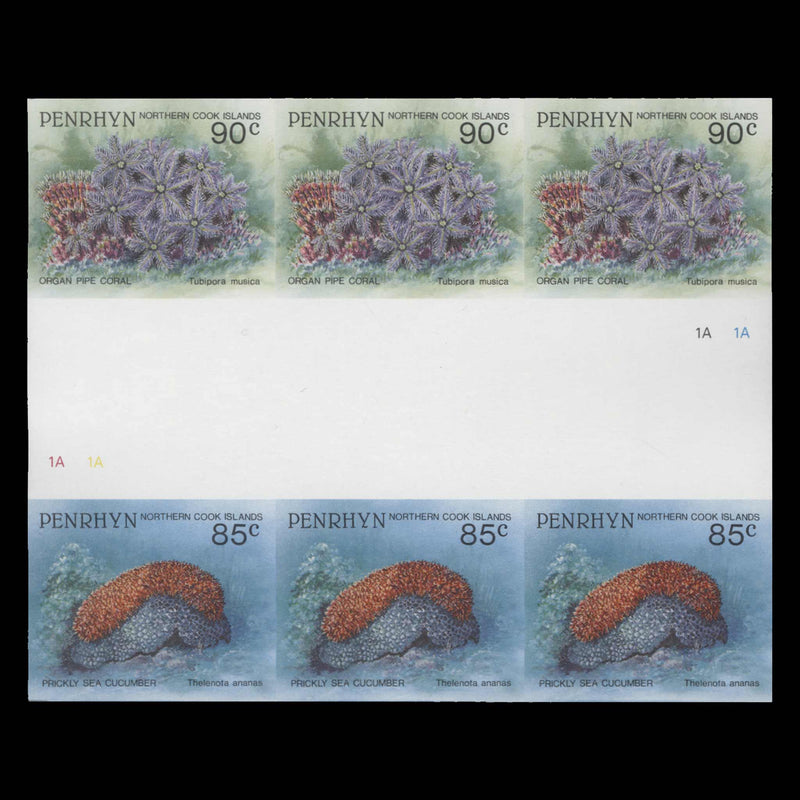 Penrhyn 1993 Prickly Sea Cucumber/Organ Pipe Coral imperf proof gutter block