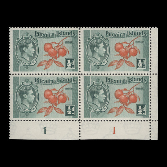 Pitcairn Islands 1940 (MLH) ½d Oranges plate 1–1 block