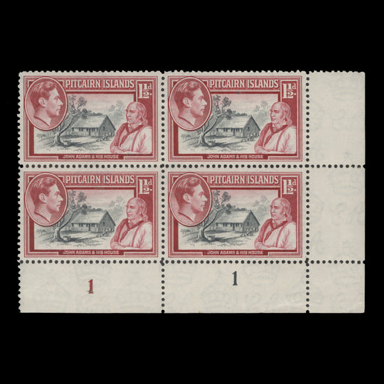 Pitcairn Islands 1940 (MNH) 1½d John Adams and his House plate 1–1 block