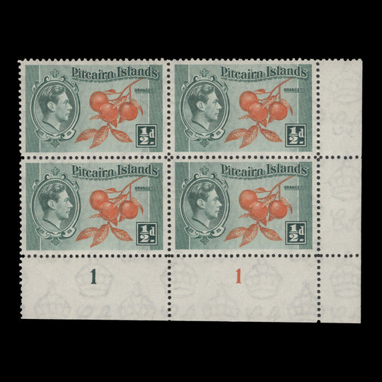 Pitcairn Islands 1940 (MNH) ½d Oranges plate 1–1 block