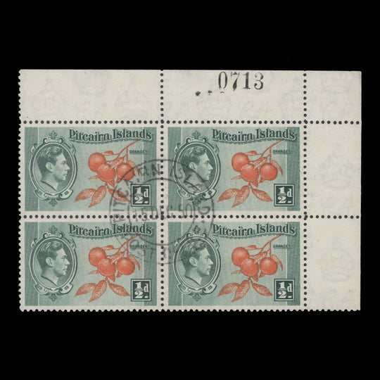 Pitcairn Islands 1940 (Used) ½d Oranges sheet number block