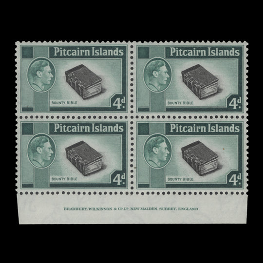 Pitcairn Islands 1951 (MLH) 4d Bounty Bible imprint block