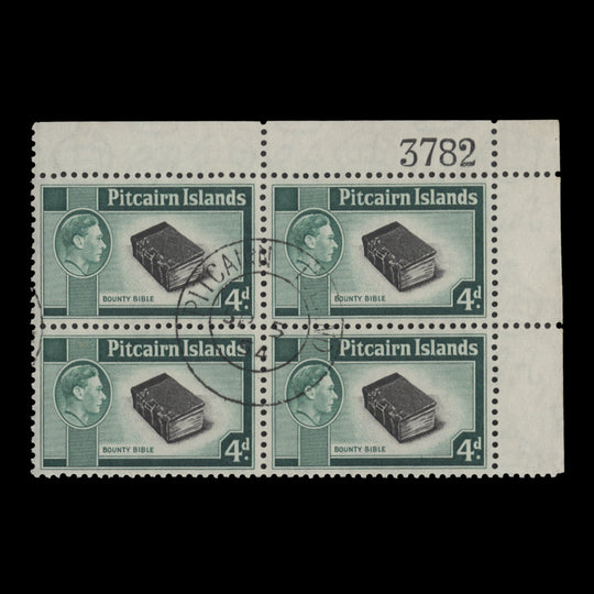 Pitcairn Islands 1951 (Used) 4d Bounty Bible sheet number block