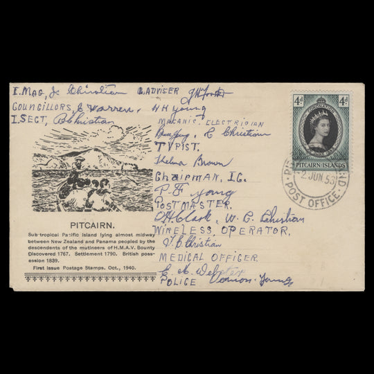Pitcairn Islands 1953 Coronation first day cover signed by Islanders