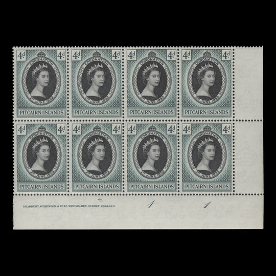 Pitcairn Islands 1953 (MNH) 4d Coronation imprint/plate 1–1 block