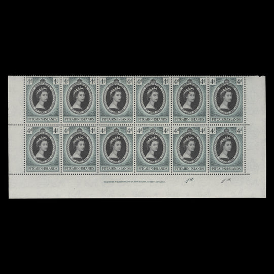 Pitcairn Islands 1953 (MNH) 4d Coronation imprint/plate 1a–1a block
