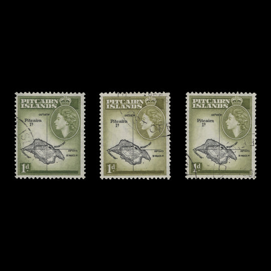 Pitcairn Islands 1957-60 (Used) 1d Map shades from the three printings