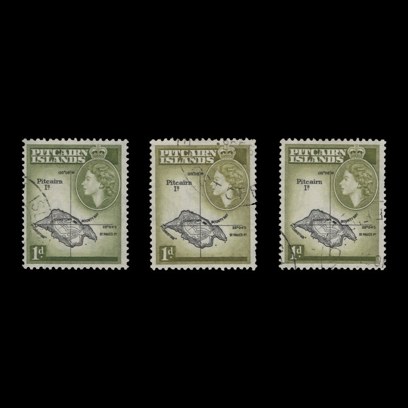 Pitcairn Islands 1957-60 (Used) 1d Map shades from the three printings