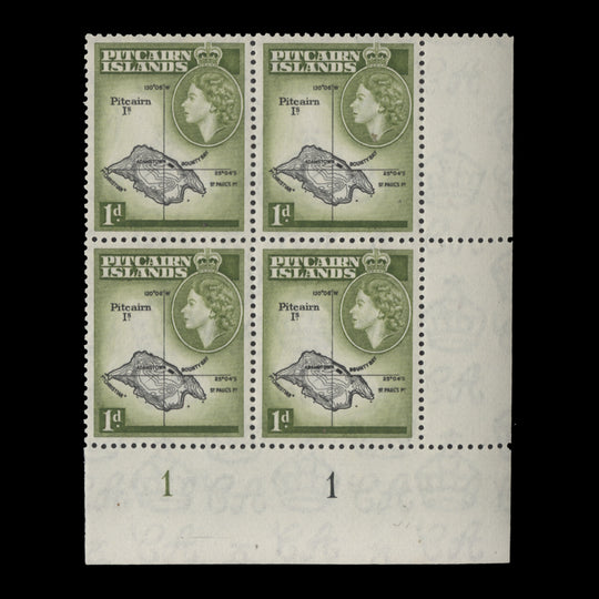 Pitcairn Islands 1957 (MNH) 1d Map plate block in black & olive-green
