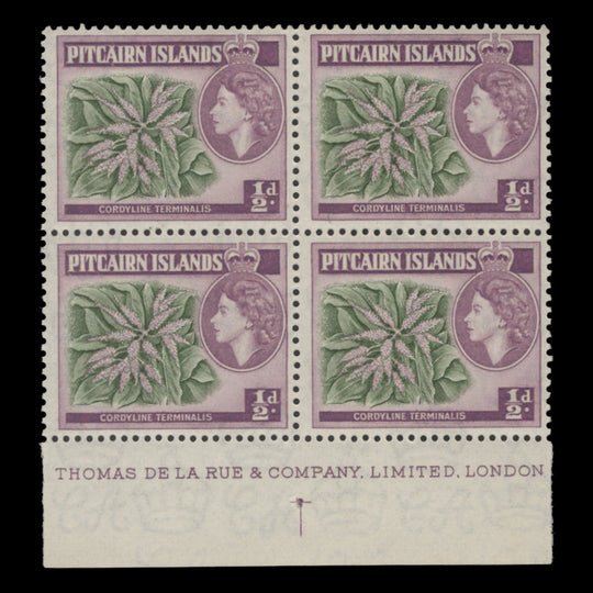 Pitcairn Islands 1957 (MNH) ½d Cordyline Terminalis imprint block