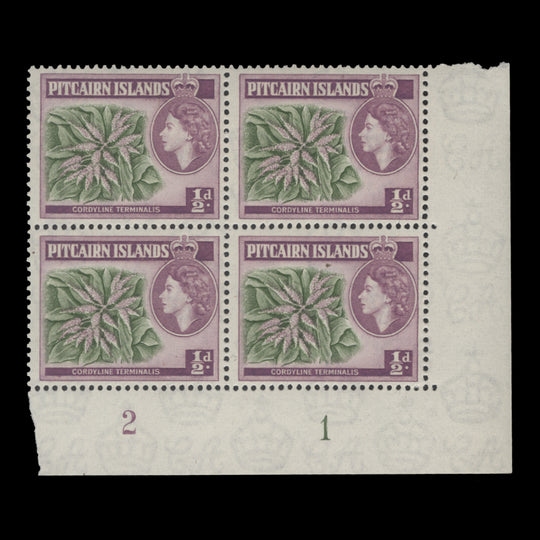 Pitcairn Islands 1957 (MNH) ½d Cordyline Terminalis plate 2–1 block