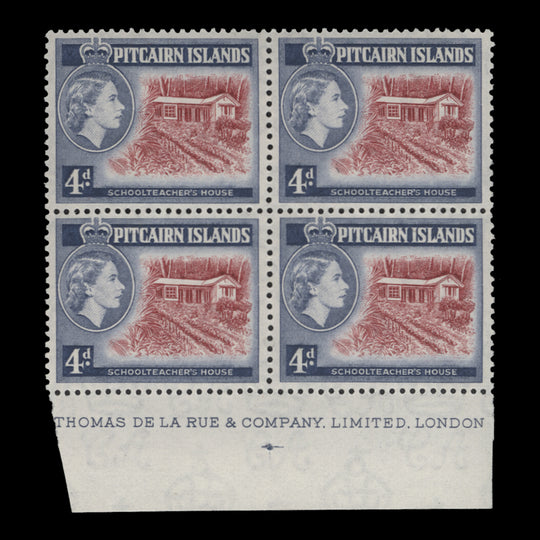 Pitcairn Islands 1958 (MLH) 4d Schoolteacher's House imprint block