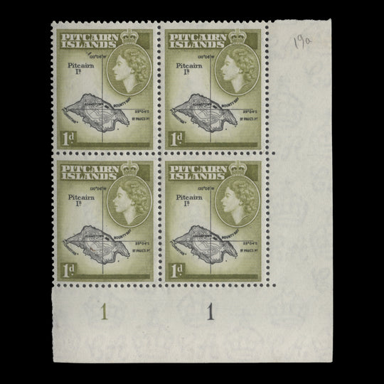 Pitcairn Islands 1959 (MLH) 1d Map plate block in black & yellow-olive
