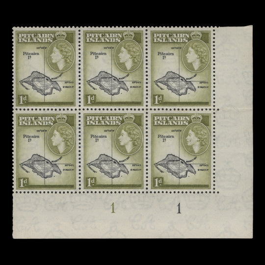 Pitcairn Islands 1959 (MNH) 1d Map plate block in black & yellow-olive