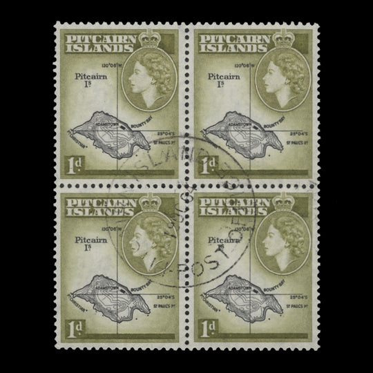 Pitcairn Islands 1959 (Used) 1d Map block in black & yellow-olive