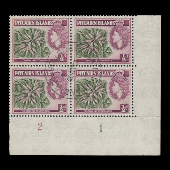 Pitcairn Islands 1963 (Used) ½d Cordyline Terminalis plate block, multiple script CA