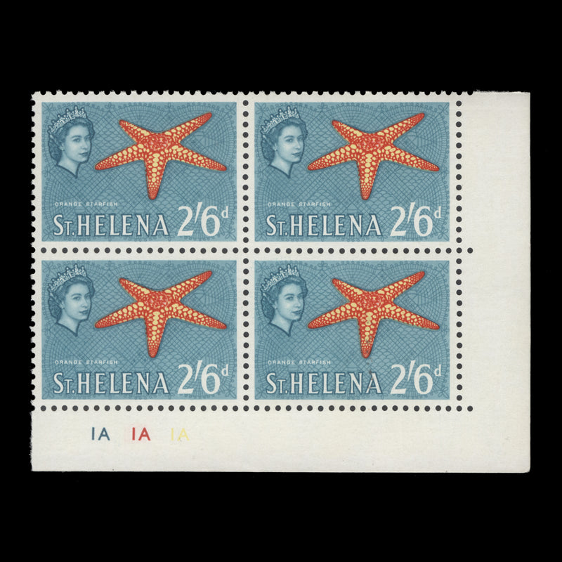 Saint Helena 1961 (MNH) 2s6d Orange Starfish plate 1A–1A–1A block