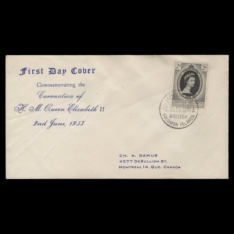 Solomon Islands 1953 (FDC) 2d Coronation, HONIARA