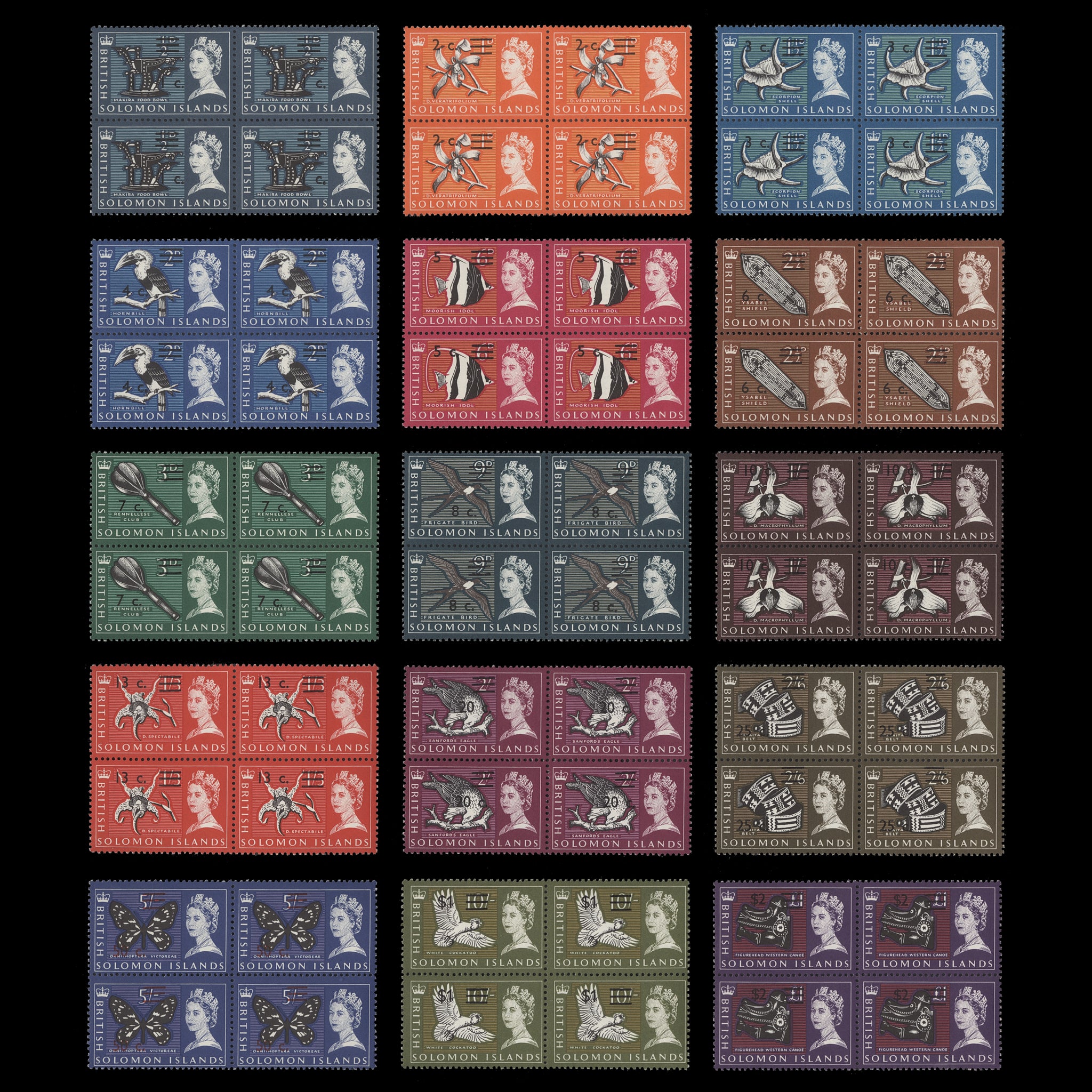 Solomon Islands 1966 (MNH) Decimal Provisionals blocks, upright waterm ...