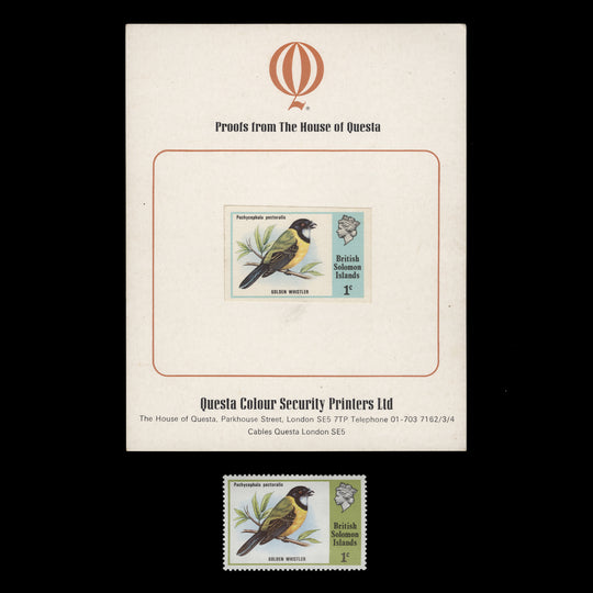 Solomon Islands 1975 1c Golden Whistler imperf proof with unadopted frame colour