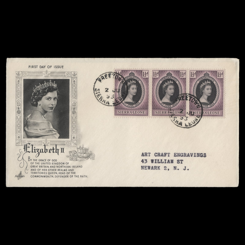 Sierra Leone 1953 (FDC) 1½d Coronation strip, FREETOWN