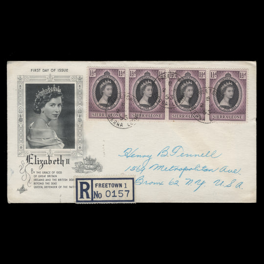 Sierra Leone 1953 (FDC) 1½d Coronation strip and singles, FREETOWN B