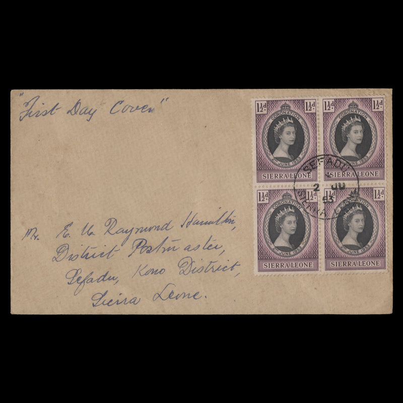 Sierra Leone 1953 (FDC) 1½d Coronation block, SEFADU