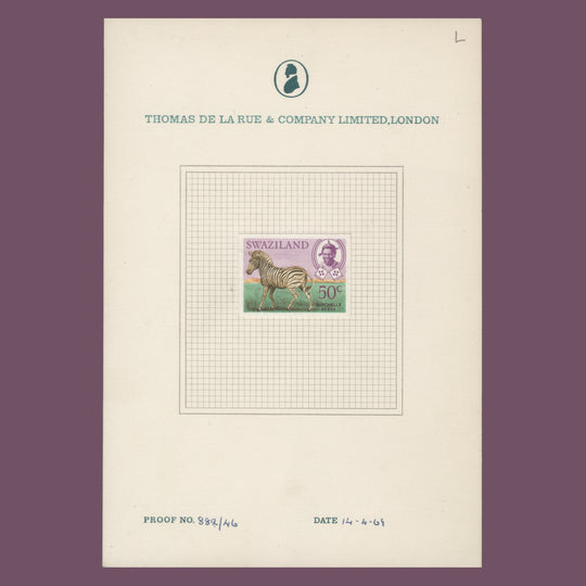 Swaziland 1969 Burchell's Zebra imperf proof on presentation card