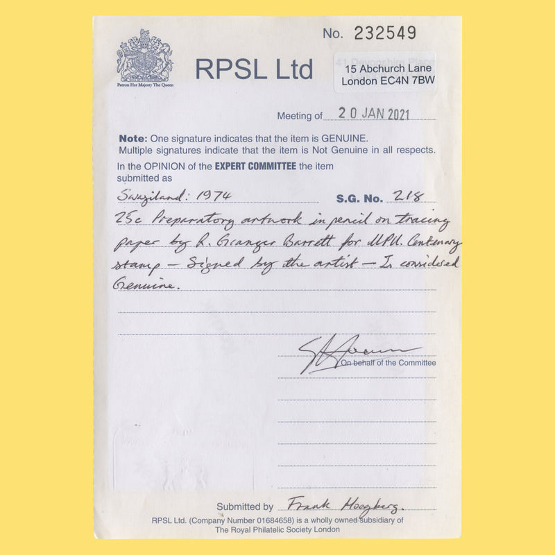 Swaziland 1974 Mail Coach/UPU Centenary pencil essay by Richard Granger Barrett