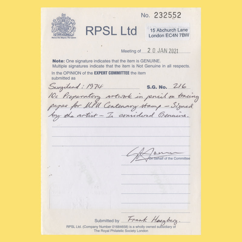 Swaziland 1974 Temporary Post Office/UPU Centenary pencil essay by Richard Granger Barrett
