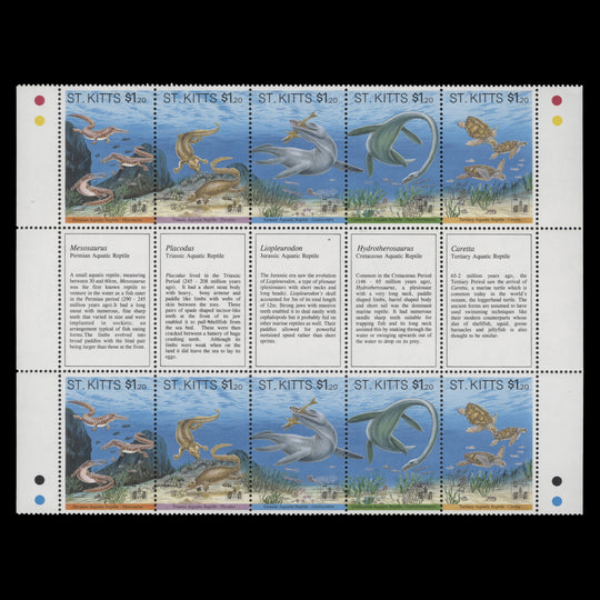 Saint Kitts 1994 (MNH) Prehistoric Aquatic Reptiles gutter block