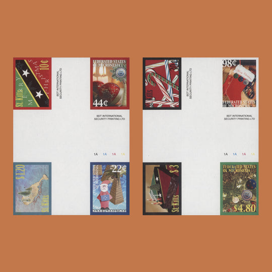 Saint Kitts/Micronesia 2009 Christmas imperf proof cross-gutter blocks
