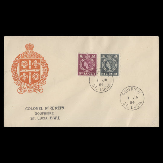 Saint Lucia 1954 Definitive first day cover, SOUFRIERE