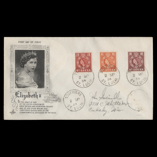 Saint Lucia 1954 Definitives first day cover, SOUFRIERE